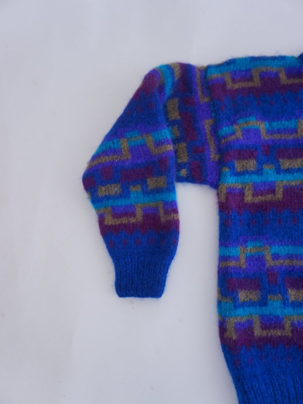 Handmade Nepal Blue Purple Geometric Fuzzy Wool Nordic Knit Sweater Nordic L - Picture 7 of 10